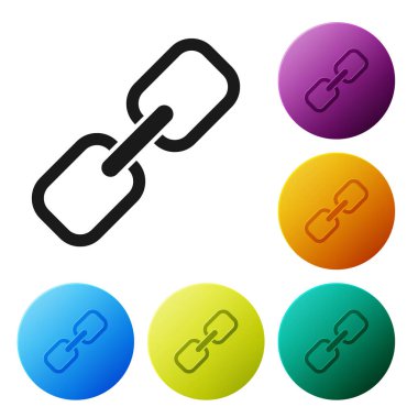 Siyah zincir bağlantı simgesi beyaz arka planda yalıtılmış. Tek bağlantı. Köprü zinciri sembolü. Simgeler renkli daire düğmelerini ayarlayın. Vektör Illustration