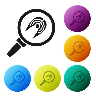 Kızartma tavasında siyah balık bifteği, beyaz arka planda izole edilmiş. Renkli daire düğmelerini ayarlayın. Vektör İllüstrasyonu