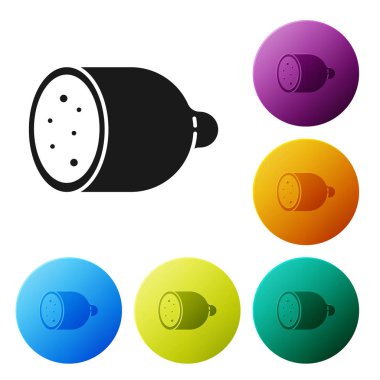 Siyah Salam sosis simgesi beyaz arka plan üzerinde izole. Et şarküteri ürünü. Simgeleri renkli daire düğmeleri ayarlayın. Vektör İllüstrasyonu