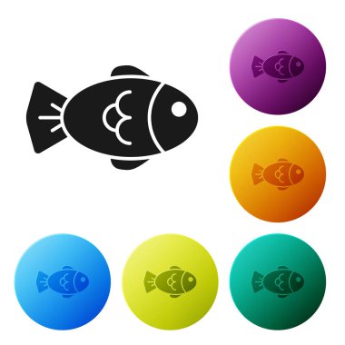 Siyah balık simgesi beyaz arka planda izole. Simgeler renkli daire düğmelerini ayarlayın. Vektör Illustration