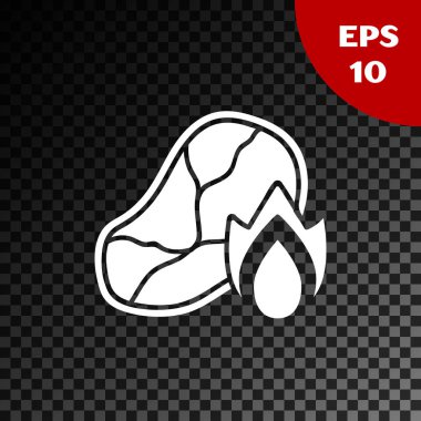 Beyaz ızgara biftek ve ateş alevi simgesi şeffaf koyu arka planda izole edilmiş. Vektör İllüstrasyonu