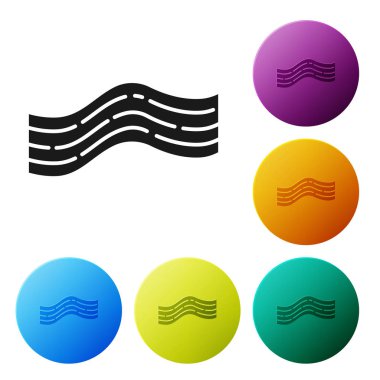 Beyaz arkaplanda siyah pastırma çizgisi simgesi izole edildi. Renkli daire düğmelerini ayarlayın. Vektör İllüstrasyonu