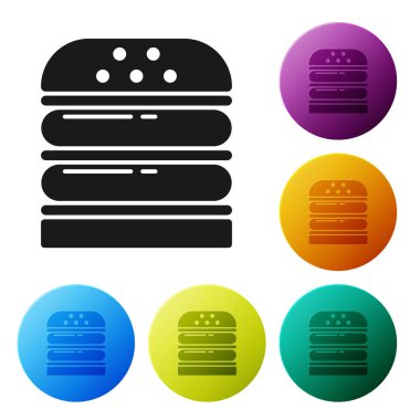 Siyah Burger simgesi beyaz arka planda izole. Hamburger simgesi. Cheeseburger sandviç işareti. Fast Food menüsü. Simgeler renkli daire düğmelerini ayarlayın. Vektör Illustration