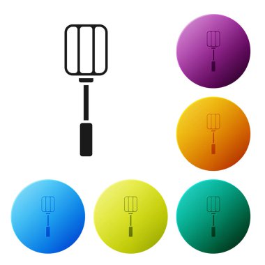 Siyah Spatula simgesi beyaz arkaplanda izole edildi. Mutfak spatula ikonu. Bbq spatula işareti. Barbekü ve ızgara aleti. Renkli daire düğmelerini ayarlayın. Vektör İllüstrasyonu