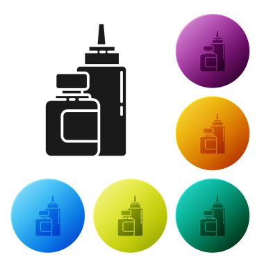 Siyah sos şişe simgesi beyaz arka planda izole. Ketçap, hardal ve mayonez şişeleri ile hızlı yemek için sos. Simgeler renkli daire düğmelerini ayarlayın. Vektör Illustration