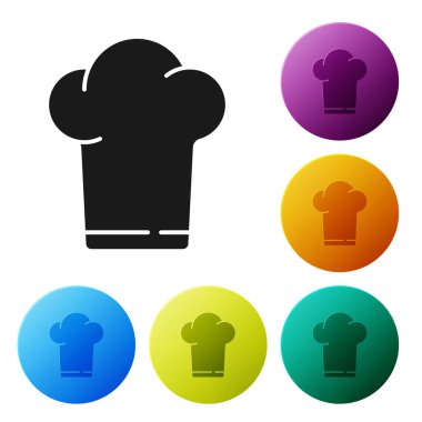 Siyah aşçı şapkası simgesi beyaz arkaplanda izole edildi. Aşçılık sembolü. Aşçı şapkası. Renkli daire düğmelerini ayarlayın. Vektör İllüstrasyonu