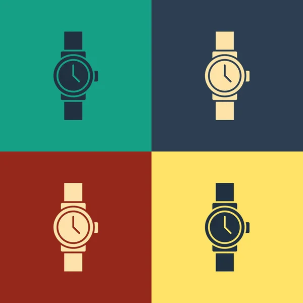 Colore icona dell'orologio da polso isolato su sfondo a colori. Icona dell'orologio da polso. Disegno in stile vintage. Illustrazione vettoriale — Vettoriale Stock