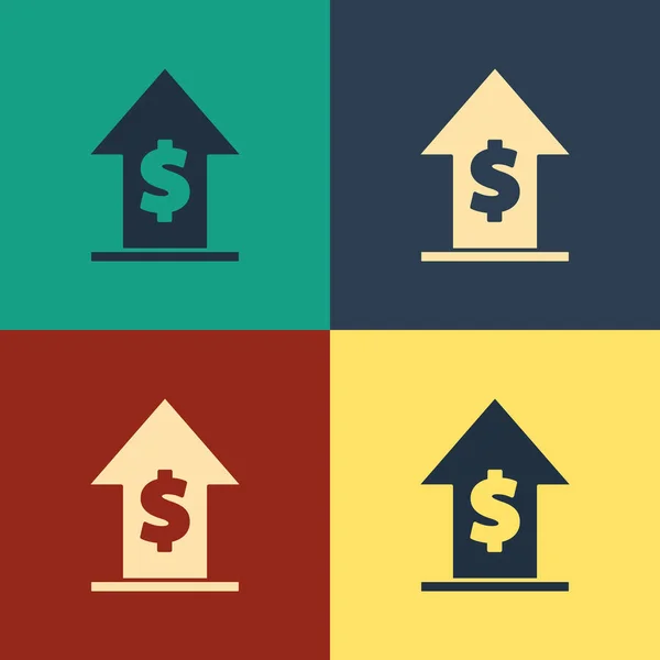 Колір Фінансовий ріст і значок монети ізольовані на кольоровому фоні. Збільшення доходів. Малюнок вінтажного стилю. Векторна ілюстрація — стоковий вектор