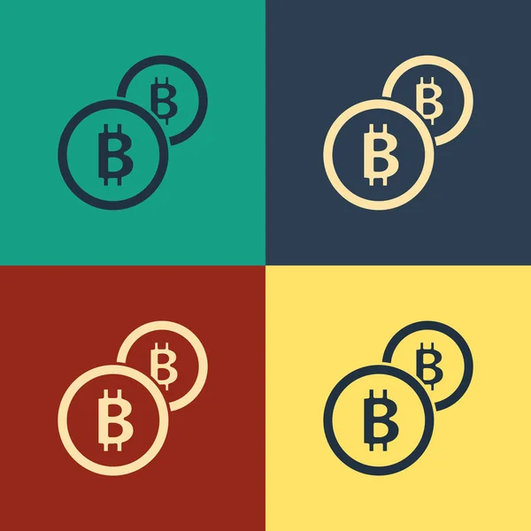 Color Cryptocurrency coin Bitcoin icon isolated on color background. Physical bit coin. Blockchain based secure crypto currency. Vintage style drawing. Vector Illustration — Stock Vector