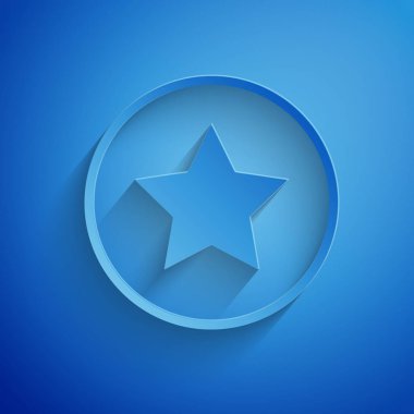 Kağıt kesiği Yıldız simgesi mavi arkaplanda izole edildi. Favori, en iyi derecelendirme, ödül sembolü. Kağıt sanatı tarzı. Vektör İllüstrasyonu