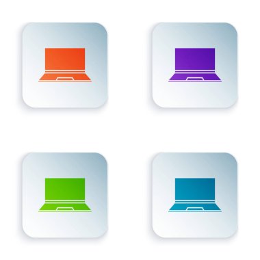 Beyaz arkaplanda izole edilmiş renkli dizüstü simgesi. Boş ekran işaretli bilgisayar defteri. Kare düğmelere simgeleri yerleştir. Vektör İllüstrasyonu