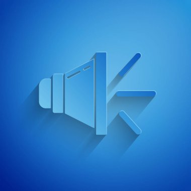 Kağıt kesimi Hoparlör sesi, ses ses sembolü, medya müzik simgesi mavi arkaplanda izole edilmiş. Kağıt sanatı tarzı. Vektör İllüstrasyonu