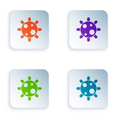 Beyaz arkaplanda izole edilmiş renk bakteri simgesi. Bakteriler ve mikroorganizmalar, sebep olan mikroorganizma hastalıkları, hücre kanseri, mikrop, virüs, mantar. Kare düğmelere simgeleri yerleştir. Vektör İllüstrasyonu