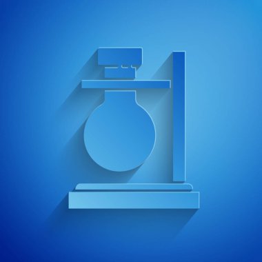 Kağıt kesiği cam tüp şişesi mavi arkaplanda izole edilmiş simge üzerinde. Laboratuvar ekipmanları. Kağıt sanatı tarzı. Vektör İllüstrasyonu