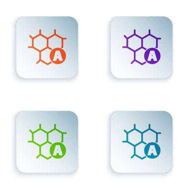 Renkli Kimyasal Formül simgesi beyaz arkaplanda izole edildi. Yenilikçi tıp, sağlık, araştırma ve bilim için soyut altıgen. Kare düğmelere simgeleri yerleştir. Vektör İllüstrasyonu