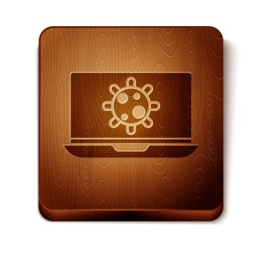Laptop simgesindeki kahverengi bakteriler beyaz arkaplanda izole edilmiş. Bakteri ve mikroplar, hücre kanseri, mikrop, virüs, mantar. Tahta kare düğme. Vektör İllüstrasyonu