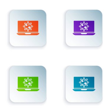 Dizüstü bilgisayar simgesindeki renk bakterileri beyaz arkaplanda izole edildi. Bakteri ve mikroplar, hücre kanseri, mikrop, virüs, mantar. Kare düğmelere simgeleri yerleştir. Vektör İllüstrasyonu