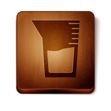 Kahverengi laboratuvar cam süslemesi ya da beher ikonu beyaz arka planda izole edilmiş. Tahta kare düğme. Vektör İllüstrasyonu