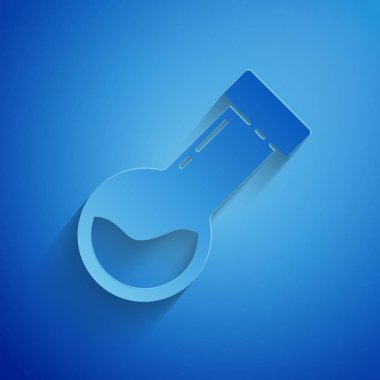 Kağıt kesiği Test tüpü ve matara kimyasal test ikonu mavi arka planda izole edildi. Laboratuvar cam levhası. Kağıt sanatı tarzı. Vektör İllüstrasyonu