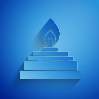 Kağıt kesiği Alkol veya ruh yakıcı simgesi mavi arka planda izole edilmiş. Kimyasal ekipman. Kağıt sanatı tarzı. Vektör İllüstrasyonu