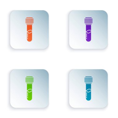 Renkli test tüpü ve beyaz arkaplanda izole edilmiş kimyasal test ikonu. Laboratuvar cam levhası. Kare düğmelere simgeleri yerleştir. Vektör İllüstrasyonu