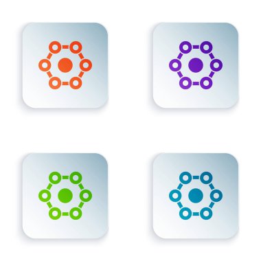 Renkli Kimyasal Formül simgesi beyaz arkaplanda izole edildi. Yenilikçi tıp, sağlık, araştırma ve bilim için soyut altıgen. Kare düğmelere simgeleri yerleştir. Vektör İllüstrasyonu