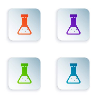 Renkli test tüpü ve beyaz arkaplanda izole edilmiş kimyasal test ikonu. Laboratuvar cam levhası. Kare düğmelere simgeleri yerleştir. Vektör İllüstrasyonu