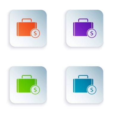 Renk Evrak Çantası ve para simgesi beyaz arkaplanda izole edildi. İş ilanı. İş portföyü. Kare düğmelere simgeleri yerleştir. Vektör İllüstrasyonu