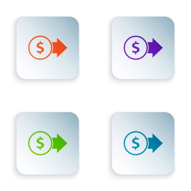 Beyaz arkaplanda dolar sembolü olan renkli madeni para. Bankacılık işareti. Para sembolü. Kare düğmelere simgeleri yerleştir. Vektör İllüstrasyonu