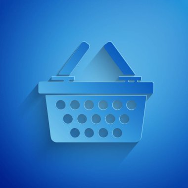 Kağıt kesim mavi arka planda izole alışveriş sepeti simgesi. Online satın alma kavramı. Teslimat hizmeti işareti. Alışveriş sepeti sembolü. Kağıt sanatı tarzı. Vektör Illustration