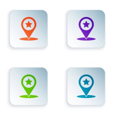 Beyaz arkaplanda yıldız simgesi izole edilmiş renk haritası işaretçisi. Yıldız favori iğne haritası simgesi. Harita işaretleyicileri. Kare düğmelere simgeleri yerleştir. Vektör İllüstrasyonu