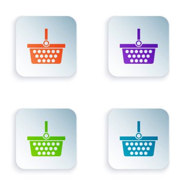 Beyaz arkaplanda izole edilmiş renkli alışveriş sepeti simgesi. İnternetten satın alma konsepti. Servis tabelası. Alışveriş arabası sembolü. Kare düğmelere simgeleri yerleştir. Vektör İllüstrasyonu