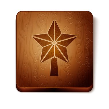 Kahverengi Noel yıldızı simgesi beyaz arkaplanda izole edilmiş. Mutlu Noeller ve mutlu yıllar. Tahta kare düğme. Vektör İllüstrasyonu