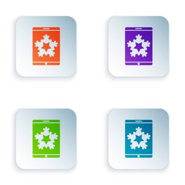 Akıllı telefonda Mutlu Noeller ve beyaz arka planda izole edilmiş kar tanesi ikonu. - Mutlu yıllar. Kare düğmelere simgeleri yerleştir. Vektör İllüstrasyonu