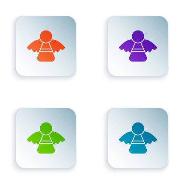 Beyaz arka planda izole edilmiş renkli Noel meleği simgesi. Kare düğmelere simgeleri yerleştir. Vektör İllüstrasyonu