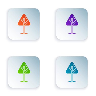 Beyaz arkaplanda izole edilmiş renkli Noel ağacı simgesi. Mutlu Noeller ve mutlu yıllar. Kare düğmelere simgeleri yerleştir. Vektör İllüstrasyonu