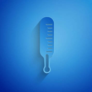 Kağıt kesiği Meteoroloji termometresi mavi arkaplanda izole edilmiş ikon ölçümü. Termometre termometresi sıcak ya da soğuk hava gösteriyor. Kağıt sanatı tarzı. Vektör İllüstrasyonu