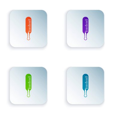 Beyaz arkaplanda izole edilmiş renk meteoroloji termometresi ikonu. Termometre termometresi sıcak ya da soğuk hava gösteriyor. Kare düğmelere simgeleri yerleştir. Vektör İllüstrasyonu
