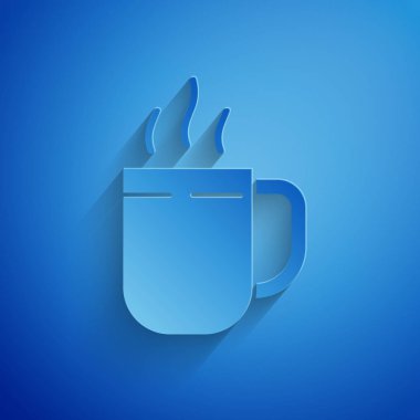 Kağıt kesiği kahve fincanı simgesi mavi arka planda izole edilmiş. Çay fincanı. Sıcak içecek kahvesi. Kağıt sanatı tarzı. Vektör İllüstrasyonu