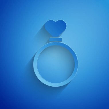 Kağıt kesiği alyans simgesi mavi arkaplanda izole edilmiş. Gelin ve damat mücevher tabelası. Evlilik sembolü. Elmas yüzük. Kağıt sanatı tarzı. Vektör İllüstrasyonu