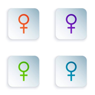 Beyaz arkaplanda izole edilmiş renkli kadın cinsiyet simgesi. Venüs sembolü. Bir kadın ya da organizmanın sembolü. Kare düğmelere simgeleri yerleştir. Vektör İllüstrasyonu