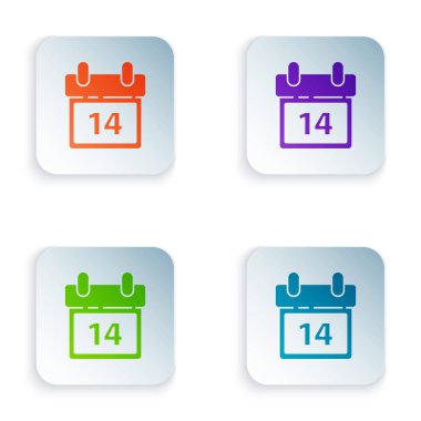 Beyaz arkaplanda 14 Şubat simgesine sahip renk takvimi. Sevgililer Günü. Aşk sembolü. Kare düğmelere simgeleri yerleştir. Vektör İllüstrasyonu