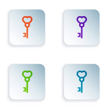 Beyaz arkaplanda izole edilmiş kalp şekli simgesindeki renk anahtarı. Sevgililer Günü. Kare düğmelere simgeleri yerleştir. Vektör İllüstrasyonu