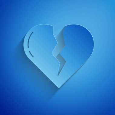 Kırık kalp ya da boşanma ikonu mavi arka planda izole edilmiş. Aşk sembolü. Sevgililer Günü. Kağıt sanatı tarzı. Vektör İllüstrasyonu