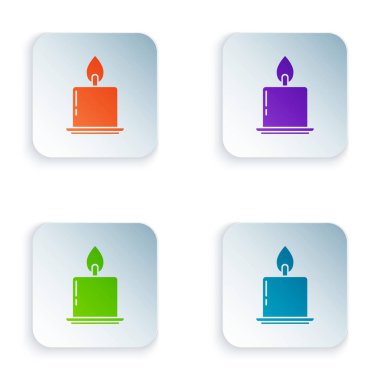 Color Burning candle in candlestick icon isolated on white background. Cylindrical candle stick with burning flame. Set icons in square buttons. Vector Illustration