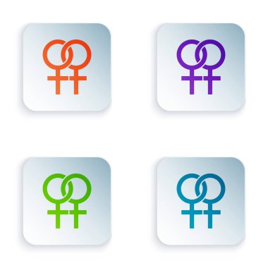 Beyaz arkaplanda izole edilmiş renkli kadın cinsiyet simgesi. Venüs sembolü. Bir kadın ya da organizmanın sembolü. Kare düğmelere simgeleri yerleştir. Vektör İllüstrasyonu