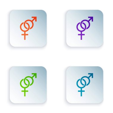 Beyaz arkaplanda renkli cinsiyet simgesi izole edildi. Erkek ve kadın sembolleri. Seks sembolü. Kare düğmelere simgeleri yerleştir. Vektör İllüstrasyonu