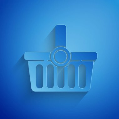 Kağıt kesim mavi arka planda izole alışveriş sepeti simgesi. Online satın alma kavramı. Teslimat hizmeti işareti. Alışveriş sepeti sembolü. Kağıt sanatı tarzı. Vektör Illustration