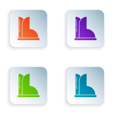 Beyaz arkaplanda izole edilmiş renkli su geçirmez lastik bot simgesi. Yağmurlu hava, balıkçılık, bahçe işleri için çizme. Kare düğmelere simgeleri yerleştir. Vektör İllüstrasyonu