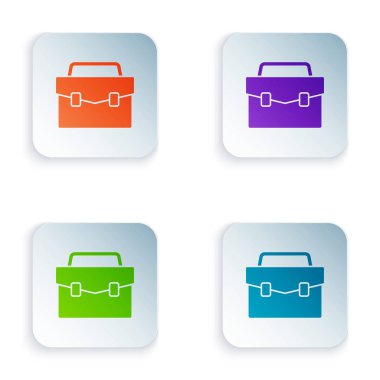 Beyaz arkaplanda izole edilmiş renkli evrak çantası simgesi. İş ilanı. İş portföyü. Kare düğmelere simgeleri yerleştir. Vektör İllüstrasyonu